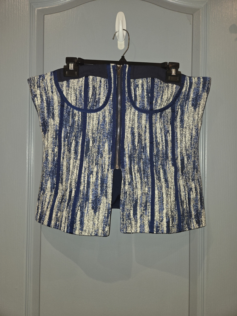 Micas Blue and Cream Strapless Bustier Top